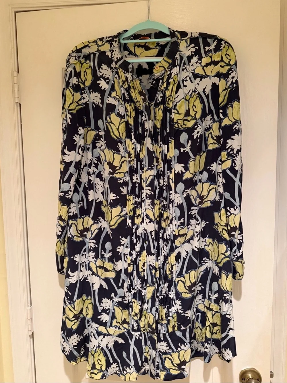 Tory Burch 100% Silk Floral Pintuck Tunic Dress Navy Yellow Size 14